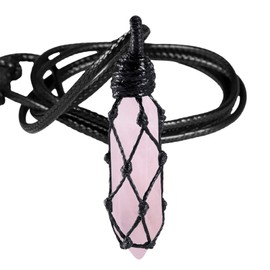 TUMBEELLUWA Hexagonal Rose Quartz Crystal Points Pendant Necklace for Unisex Wrapped Stone Wand Pendant with Adjustable Cord