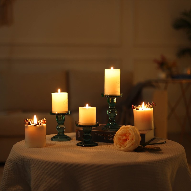 GMWD 3 Pcs Glass Candle Holder Set Clear, Green Candlesticks