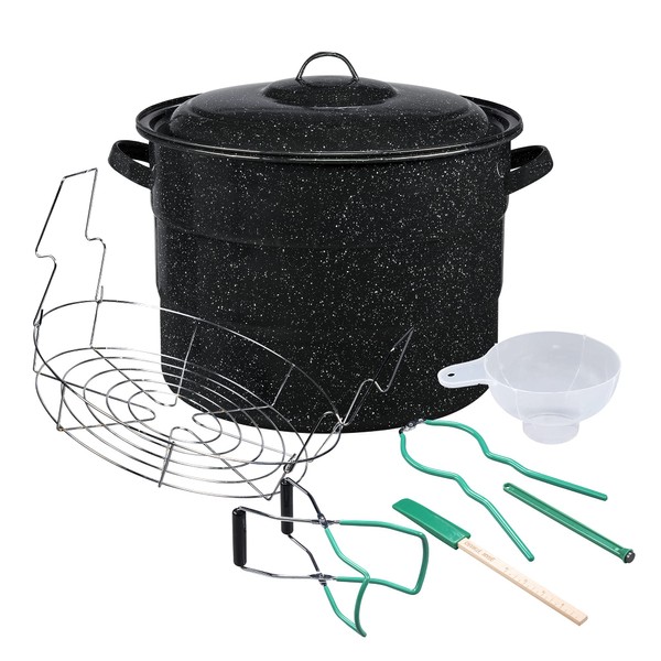 Granite Ware 8 Piece Enamelware Water bath Canning Pot (Speckled Black) with Canning Toolset and Rack. Canning Supplies Starter Kit