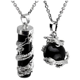 Jovivi 2pcs Natural Black Agate Crystal Dragon Wrapped Round Ball Cylinder Gemstone Healing Crystal Pendant Necklaces Sets for Couples Valentines Day Gifts