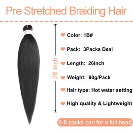 Mscat 26 Inch 3 Packs Pre Stretched Braiding Hair Black Pre Stretched Braiding Professional Synthetic Prestretched Crochet Braids Hair Extension Hot Water Setting Yaki Texture (1B#)