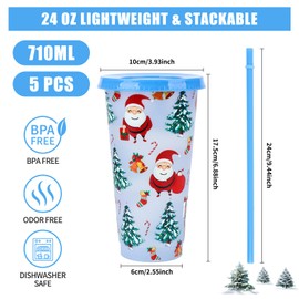 5 Pcs Christmas Drink Cup 710ml Xmas Iced Coffee Cup Christmas Party Color Changing Cups Set with Lids and Straws Santa Claus Snowman Reindeer Gingerbread for Christmas Party Kids Favors (Color B)