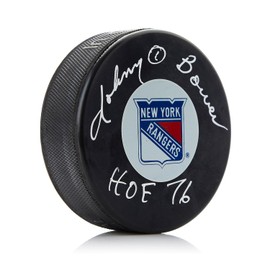 Johnny Bower Autographed New York Puck with HOF Note