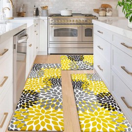 Likiyol Kitchen Mats for Floor [3 PCS] Anti-Fatigue Comfort Kitchen Rugs, Boho Flower Cushioned Waterproof Decor Mat Thick, Standing Floor Mats for Home/Office, 18''x30''+18''x48''+18''x60''(Yellow)