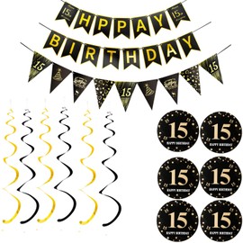 Happy 15th Birthday Banner + Triangle Flags Happy Birthday Garlands + 15th Birthday Hanging Decoration Spirals Set, Black Gold 15th Birthday Decoration for Girls Boys, 15th Birthday Hanging Decoration
