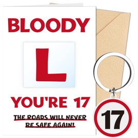 Luvart 17th Birthday Card with Keyring - Funny Learner Driver Gifts for 17 Year Old Boys Girls, Bloody L 17 Birthday Cards Keychain Gifts Set for Teens, Sons, Daughters, Brothers, Sisters