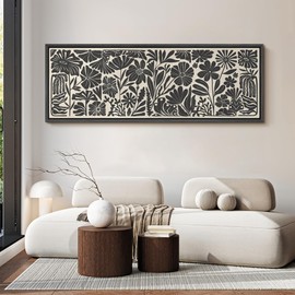 MUDECOR Large Framed Canvas Print Wall Art Monochrome Floral Pattern Bold Black Botanical Antique Retro Ready to Hang Painting for Living Room Bedroom Multi-Sizes - 60"x20"