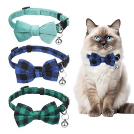 YBEATY 3 Pcs Cat Collar with Bell Breakaway Cat Collars with Cute Bow Tie Adjustable Kitty Collars Safety Buckle Kitten Collar Soft Stylish Plaid Patterns for Girl Boy Cats Kittens Puppy