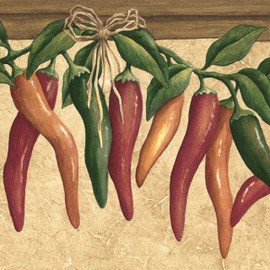 CONCORD WALLCOVERINGS ™ Wallpaper Border Vintage Pattern Leaves Hot Peppers on Vine for Kitchen Dining Area Cottage Farmhouse, Beige Red Green, 15 ft by 7 in 5811942