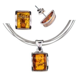 Artisana-Schmuck Amber Jewellery Set, Modern Jewellery Set (without Chain), Pendant and Earrings Made of Amber, Set in Rhodium-Plated 925/000 Sterling Silver, Amber Sterling Silver, Amber