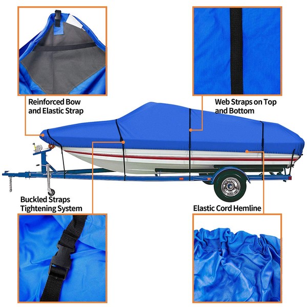 iCOVER Trailerable Waterproof Boat Cover- Heavy Duty Marine Grade Canvas Fits V-Hull,Fish&Ski,Pro-Style,Fishing Boat,Runabout,Bass Boat, up to 14ft-16ft Long and 68" Wide