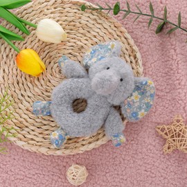 Apricot Lamb Baby Flower Elephant-Gray Soft Ring Rattle Toy, Hold and Shake Toy with Sound, Plush Stuffed Animal for Newborn Infant Babies Over 0 Months (White Bunny, 5.9 Inches)