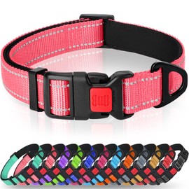 Taglory Reflective Nylon Dog Collar with Safety Buckle, Adjustable Pet Collars with Soft Neoprene Padding for Large Dogs, Baby Pink