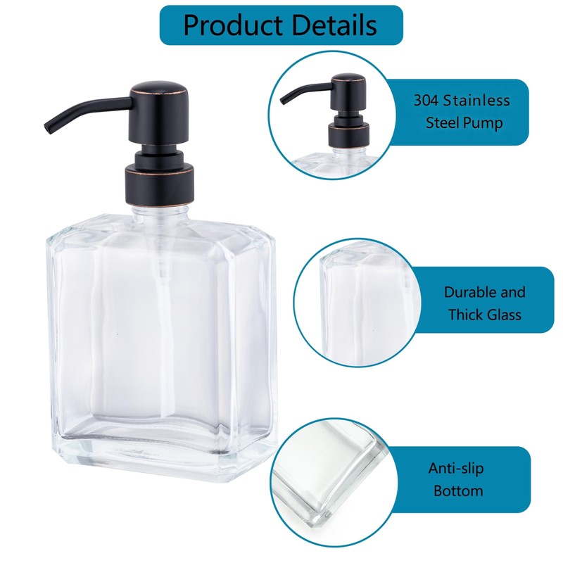 JINCROP 13.5Oz Glass Soap Dispenser, Clear Hand Soap Dispenser for