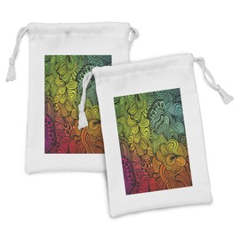 Lunarable Colorful Fabric Pouch Set of 2, Rainbow Abstract Ombre Colored Floral Like Wave Lines Ocean Nature Inspired Print, Small Drawstring Bag for Toiletries Masks and Favors, 9" x 6", Multicolor
