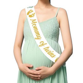 Jollyboom Greenery Twins Baby Shower Decoration, Sage Green Mommy of Twins Sash for Twins Neutral Baby Shower Gender Reveal Party Decorations Pregnant Mommy Gift