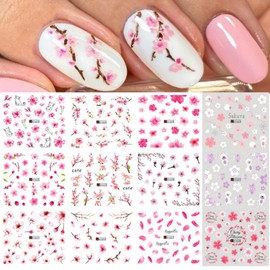 Cherry Blossoms Nail Art Stickers, Holographic Flowers Nail Water Transfer Decals Design, Pink Floral Nail Sticker Acrylic Supplies for Women Manicure Charms Decorations, DIY Resin Nail Decal Tattoo