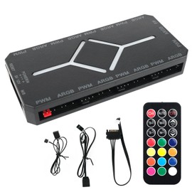 ARGB PWM Fan Hub, Addressable 5V-3PIN 2-in-1 RGB Computer PC Case Fan Hub 1 to 9 Ports Magnetic Splitter with Remote SATA Power Supply, Power Off Memory, Black