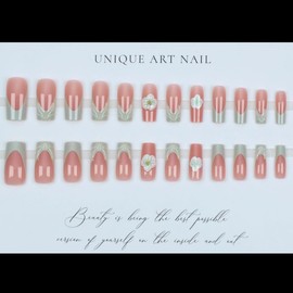 24Pcs Flower Press on Nails Medium Square Fake Nails 3D Floral Water Ripple Design Stick on Nails Green French Tip Nails Press Ons Summer Reusable Acrylic Glue on Nail for Women Manicure 24Pcs