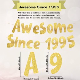 Awesome Since 1995 Gold Glitter Banner for Men, Awesome Since 1995 Banner for Women, Happy 30th Birthday Banners Gold, 30th Birthday and Anniversary Party Decorations (1995)