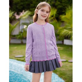 GRACE KARIN Kids Cozy Cardigan Sweater Crew Neck Button-up Long Sleeve Contrast Colour Knitwear Purple 8-10 Years