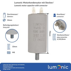 Lumonic Starting Capacitor with Plug 6.3 x 0.8 mm I 16µF 450V I 34 x 70 mm I 16uF I Motor Capacitor with Plastic Housing I Operating Capacitor I for Pump