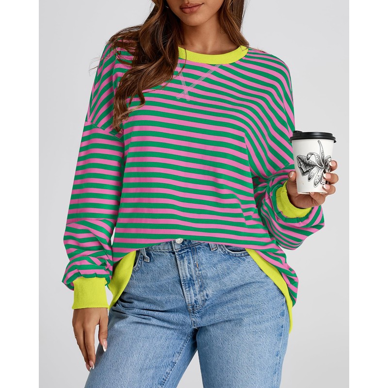 BTFBM Womens Oversized Striped Sweatshirt Crewneck Long Sleeve Pullover Top
