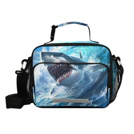 Shark Blue Ocean Wave Lunch Box for Boys Girls Insulated Lunch Bag Kids Cooler Tote Shoulder Strap Reusable School Picnic Travel