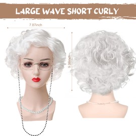 Moucuny 11 Pcs 100 Day of School Cosplay Set Old Lady Costume for Kids Girls Grandma Wig Glasses Pearl Necklace(White)