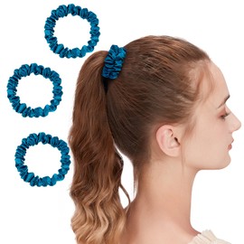 OLESILK Set of 3 100% Silk Hair Bobbles Small Scrunchies Hair Accessories Braid Rubber Rings Elastic Hair Bands 3 Pieces Peacock Blue