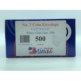 Minas Envelope #7 Coin/ Cash/ Small Parts Envelope, 3-1/2" X 6-1/2", Premium 24lb. White, Gum Flap, 500/Box