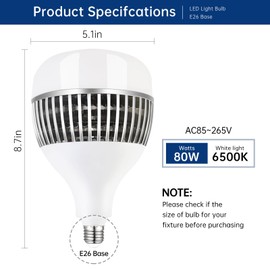 Bullishman Super Bright Light Bulbs, 550-750W Equivalent Exceed 8000LM E26 LED Bulb, 6500K Daylight 80 Watt High Lumen LED Bulb for Home, Shopping mall, Hotel, Factory, Warehouse, Garage (80, Watts)