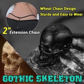 FaithHeart Black Skull Head Necklace, Men's Gothic Skull Pendant Celtic Trinity Knot Jewellery Solid Stainless Steel Skeleton Neck Chain Adjustable 55cm+5cm