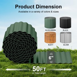 Land Guard Corrugated Metal Garden Edging, 6"×50Ft Steel Landscape Edging, Corrugated Metal Yard Edging Borders, Steel Edging for Landscaping, Garden Fence, Lawn, Flower Bed (Olive-Green)