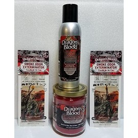 Smoke odor Exterminator Dragon's Blood, Includes One 13 oz Jar Candle 7 Spray & Two Car Hangers All in Bundle, 4