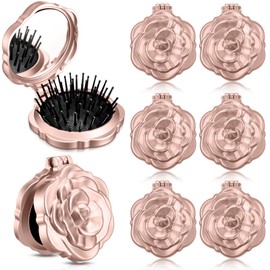 Sunnychicc 6 Pcs Rose Shape Travel Hair Brush with Makeup Mirror Mini Pocket Mirror Comb Portable Travel Folding Hair Brush for Women Hairstyles Bridal Shower Gift Party Favor(Rose Gold)