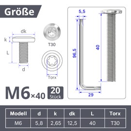 Dayalo M6 Screws, M6 x 40 mm Flat Head Screw, Torx Screws, Stainless Steel A2 V2A, Machine Screws with Torx Key, Fully Threaded, Pack of 20