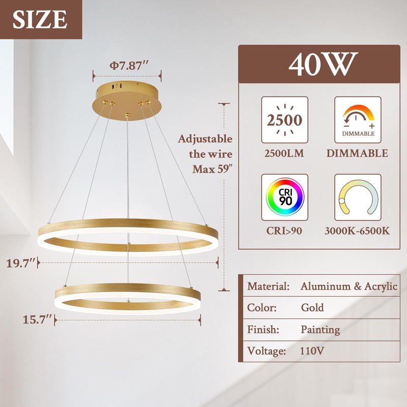 Sparklelf Modern LED Chandelier Gold 2-Rings Pendant Light Circular Flush