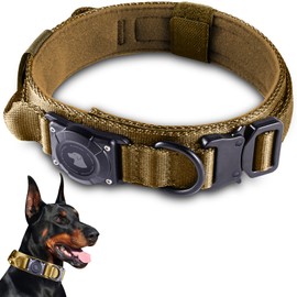 2025 Upgrade Waterproof AirTag Dog Collar, Military Tactical Dog Collar with AirTag Holder, Comfortable Control Handle and Metal Buckle, GPS Dog Collar Holder for Medium to Large Dogs (Khaki, M)