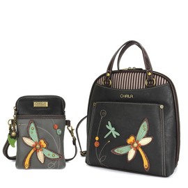 Chala Group Chala Handbags Convertible Mini Backpack Purse and Double Fold Wallet Bundle, Multi-Color (Dragonfly Backpack and Grey Cellphone Purse Gift Set)
