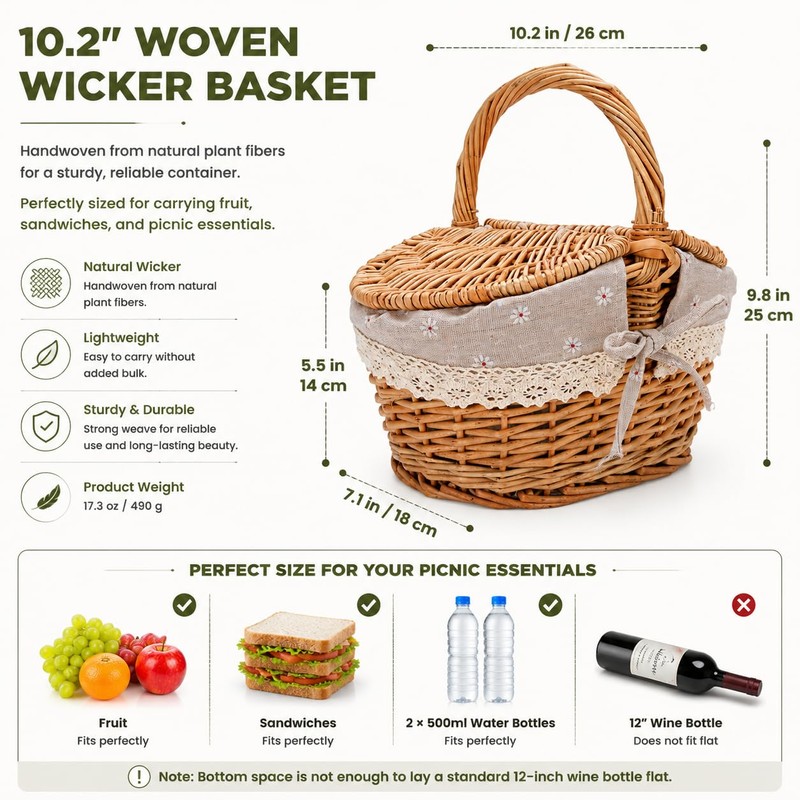 10.2 Inch Picnic Basket with Lid Woven Wicker for Garden