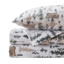 Flannel Sheets Warm and Cozy Deep Pocket Breathable All Season Bedding Set with Fitted, Flat and Pillowcases, Full, Winter Cabin Lodge