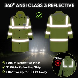 TICONN Reflective Rain Coat, Waterproof Hi Vis Safety Rain Jacket, Heavy Duty ANSI Class 3 High Visibility Trench Coat (L)