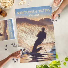 Lantern Press 1000 Piece Jigsaw Puzzle, Manitowish Waters, Wisconsin, Lithograph, Lean Into Adventure, Water Skiing