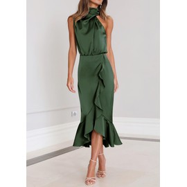 KIRUNDO Womens 2025 Summer Satin Mock Neck Wedding Guest Party Cocktail Midi Dress Sleeveless Wrap Ruffle Formal Dresses (Army Green, Medium)