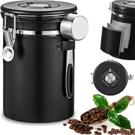 Recipiente de café sellado de acero inoxidable，Tarro de café en grano sellado con cuchara，con Válvula de liberación de CO2 y seguimiento de fecha，cuchara medidora，para café molido,granos, té,harina