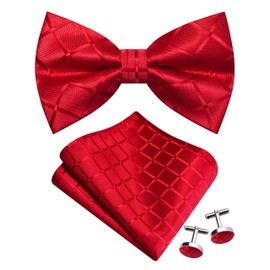 Gusleson Red Bow Tie Pocket Square Set for Wedding Pre-Tied Silk Plaid Checkered Bowties Handkerchief Cufflinks for Men (UK0494-16)