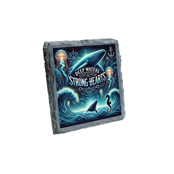 Deep Waters Strong Hearts Whale Seahorse Jellyfish Slate Coaster Ocean