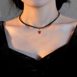 MOKAVIKY 25 Fruit 3D Strawberry Pendant Necklace with Black Bead Chain for Women Cute Food Fruit Charm Jewelry