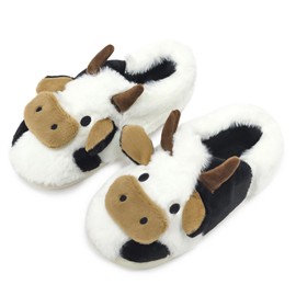 LIONPARK Women Cute Animal Cow Slippers - Cartoon Indoor Outdoor Man Cotton House Fuzzy Comfortable Slides US 7.5-8.5